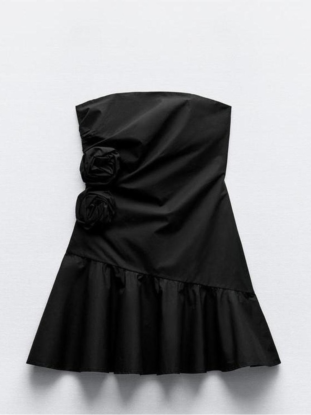 Zara Black Strapless Fit-and-Flare Dress with Rosette Detail